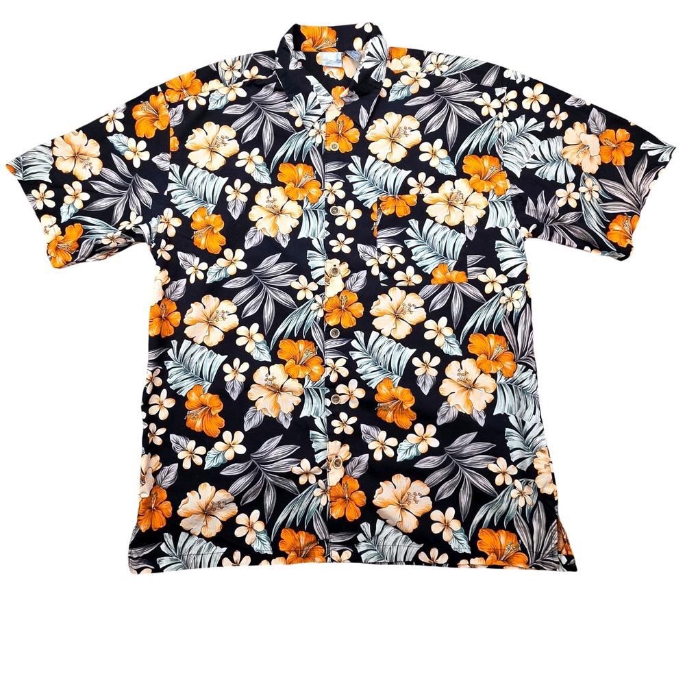 Ocean Pacific Mens XXL Black Orange Tropical Floral Cotton Hawaiian Shirt